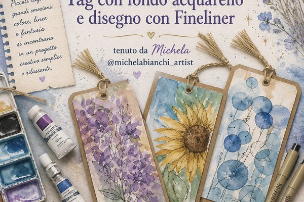 TAG CON SFONDO ACQUARELLO e disegno con fineliner